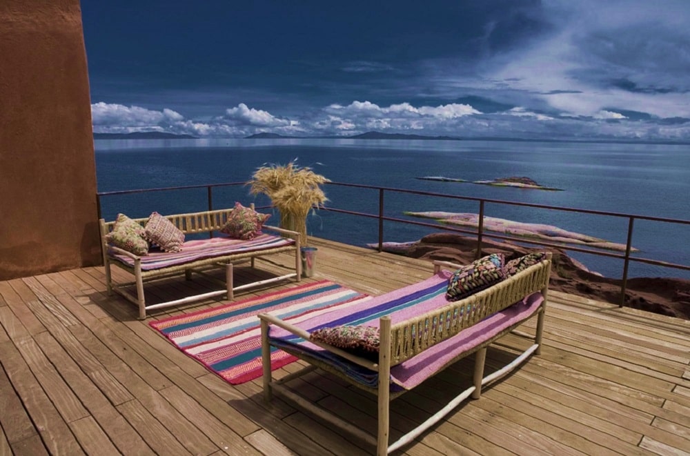 Putdoor lounge overlooking Lake Titicaca at Titilaka hotel