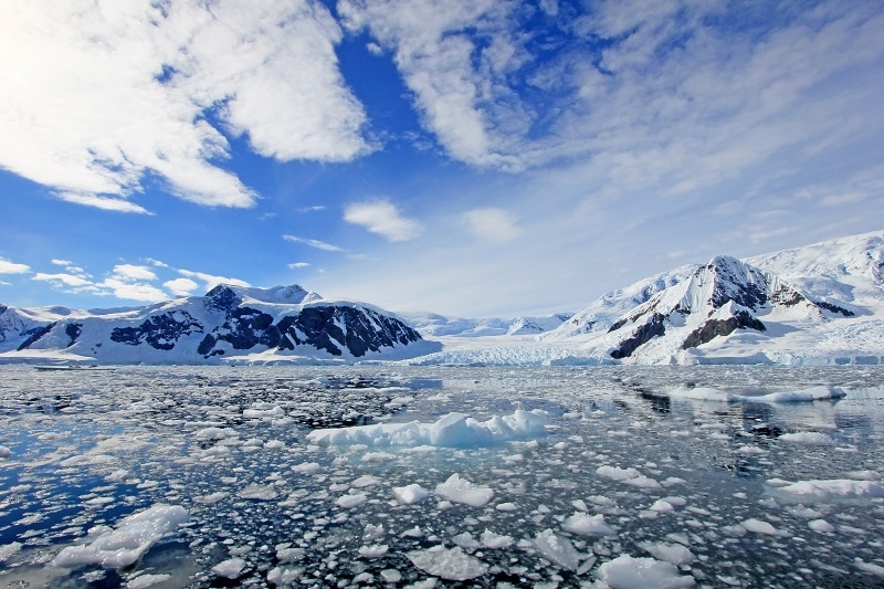 Antarctic sea with melted ice, mountainous scenery