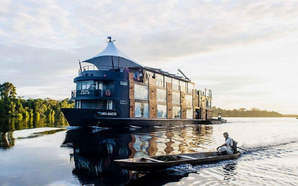 Sleek Modern Amazon River Boat on the river