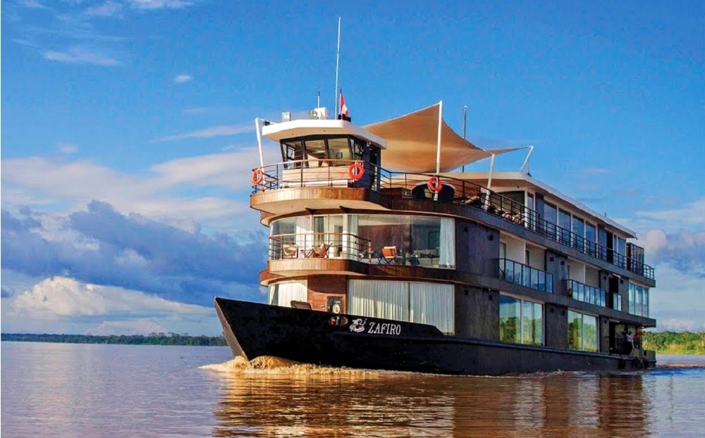 Medium-sized Amazon River Boat on bright and clear sunny day
