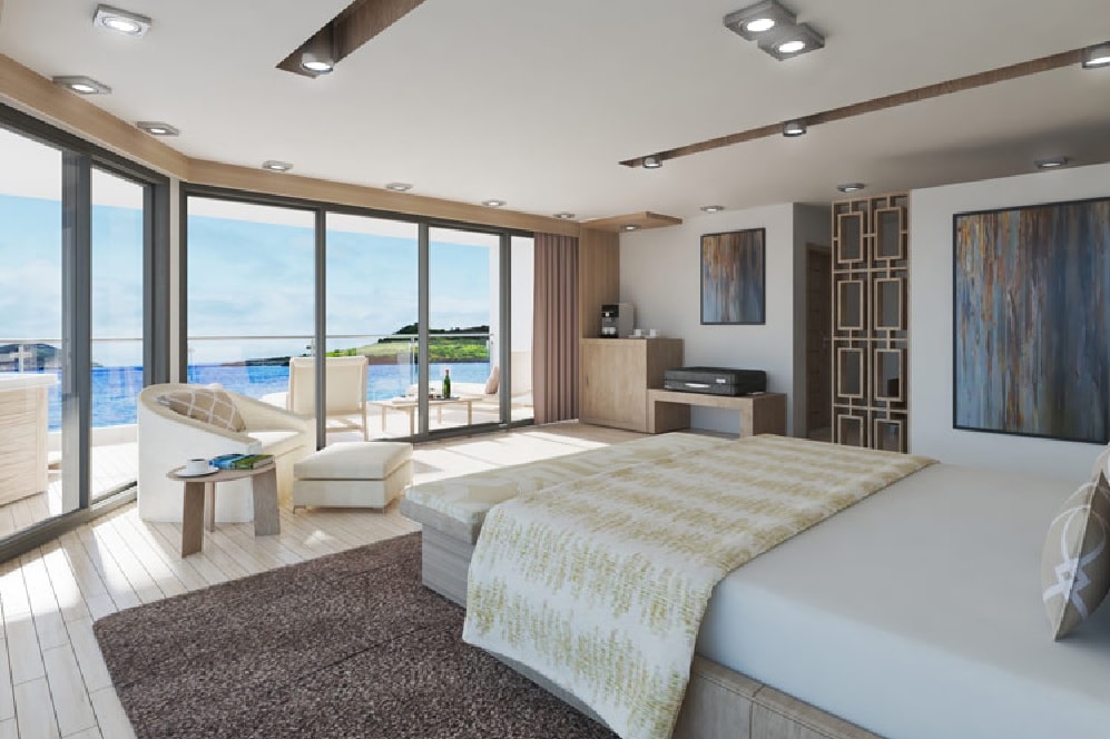 Modern luxury suite cabin with panoramic sea views